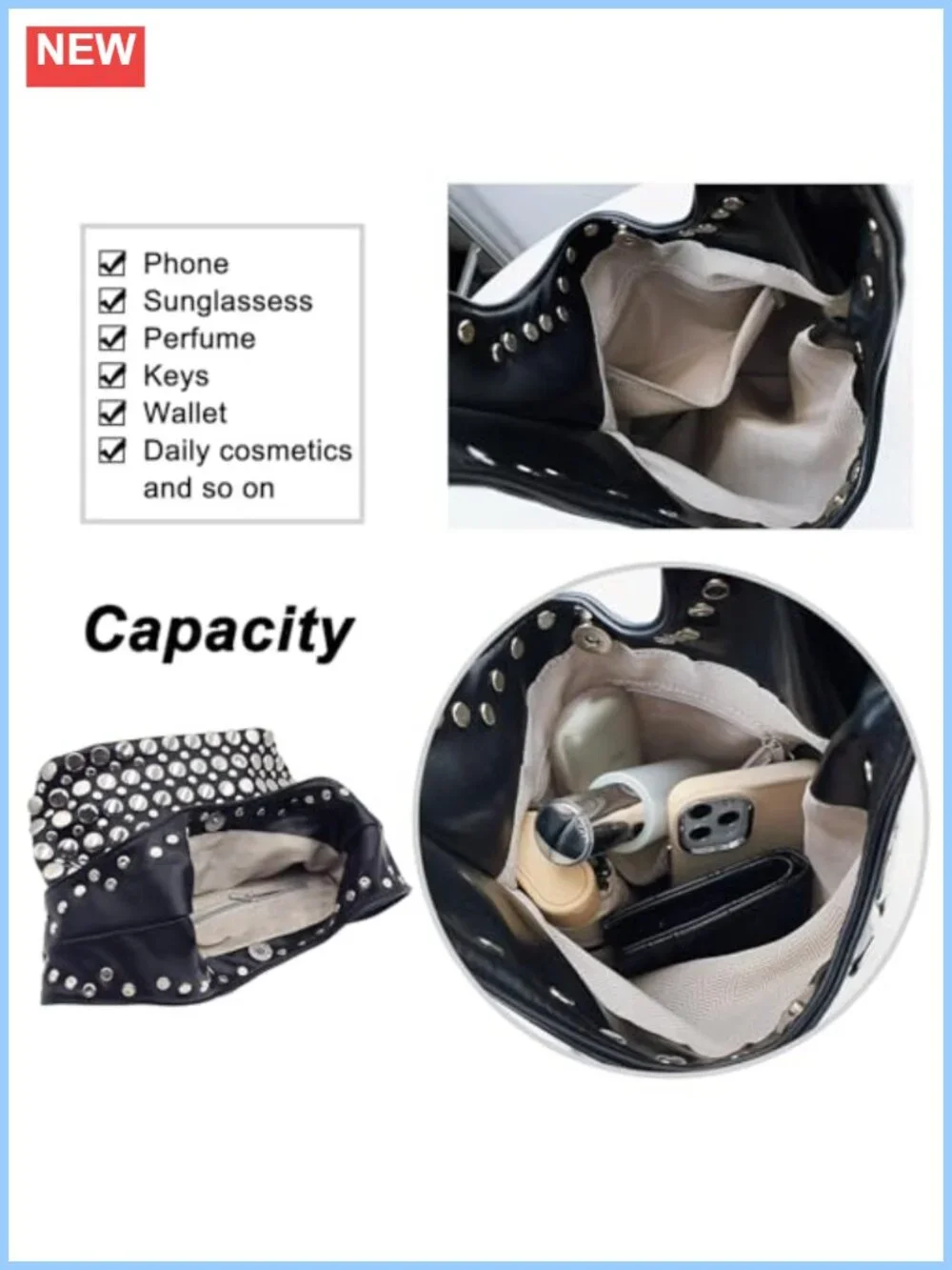 Y2K Hobo Shoulder Bag Studded Synthetic Leather Punk Top Handle Tote Purse